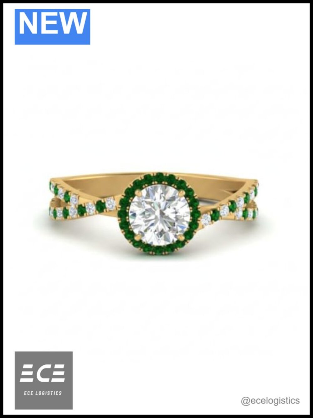 Yellow Gold Plated Pave Halo Twist Engagement Ring Round Created Emerald